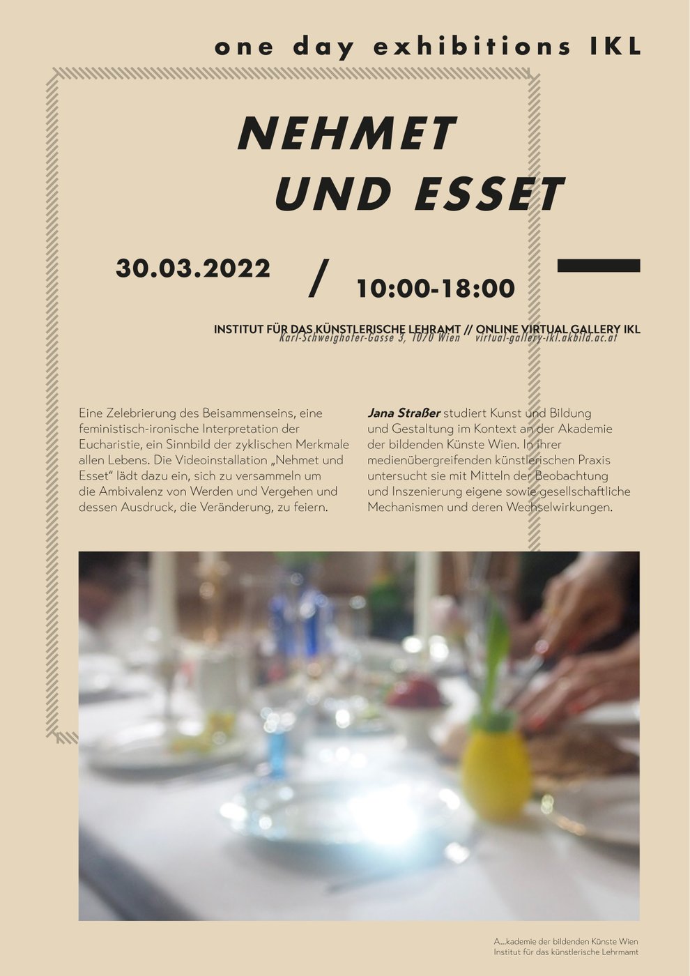 Poster of an Exhibition with the Text "Nehmet und Esset" and an introduction text and a picture of a table underneath