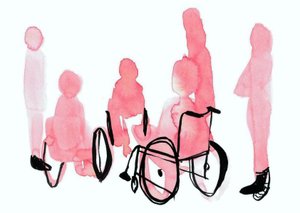 Watercolor Painting, three People siluettes in red color stand around three people sitting in a wheelchair which is drawn in black.