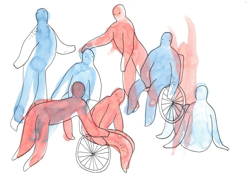 Red and blue watercolor people and 2 people in wheelchair