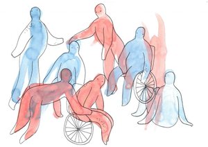 Red and blue watercolor people and 2 people in wheelchair