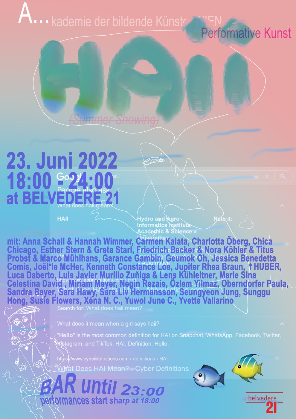 Flyer of the event with pink and blue background, the title is Haii Summer Showing, underneath is the Date and the artists in blue