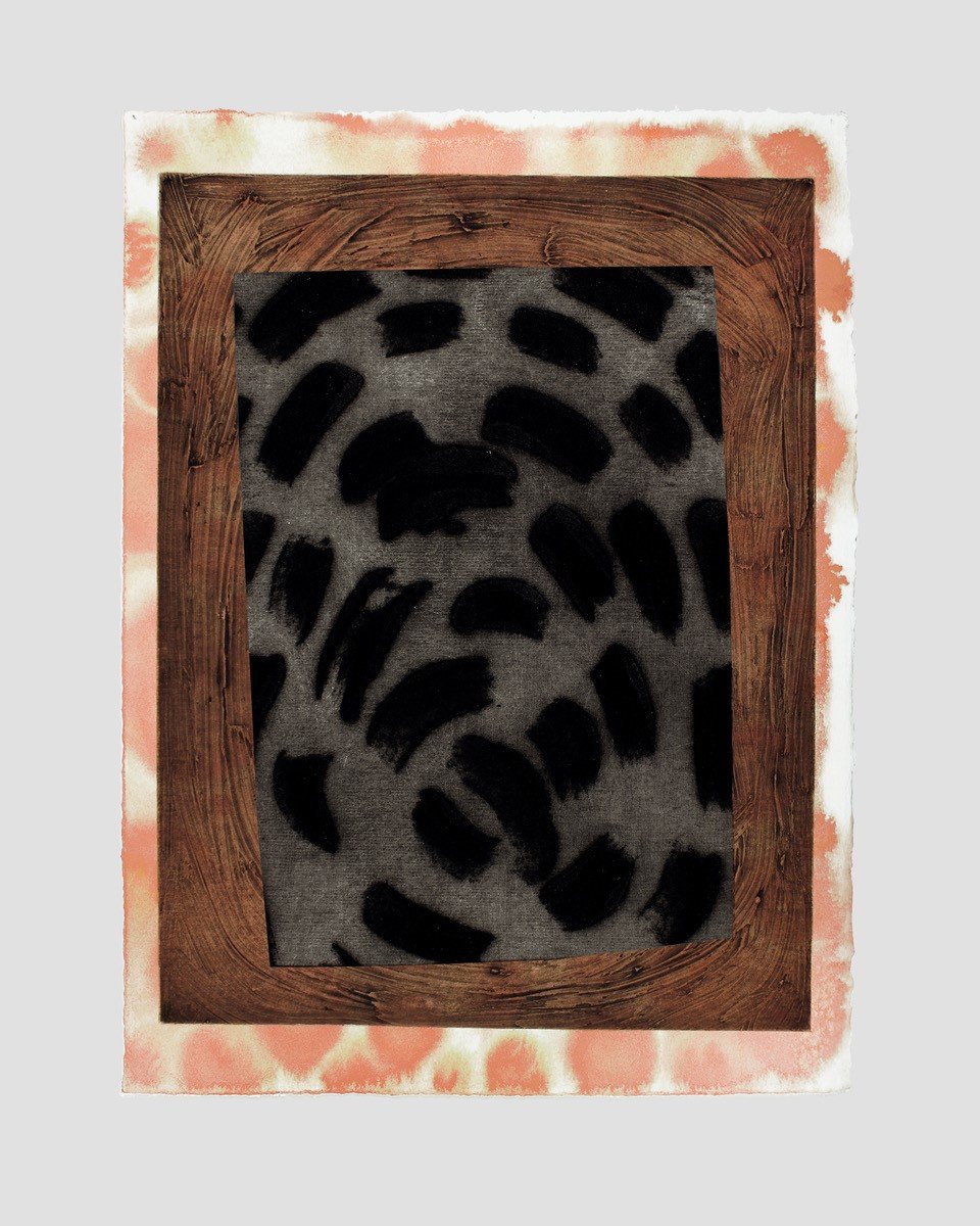 stained paper and collagraph collage black brown