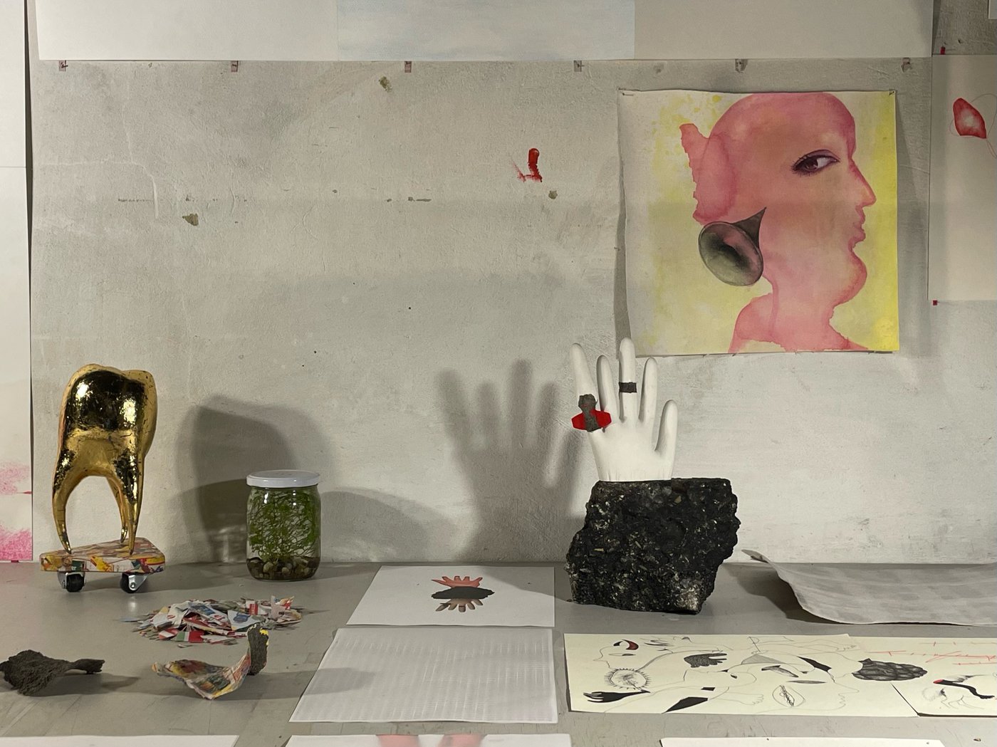 installation view Rundgang 2026, Emran Sohel, A Garden of Endless Frustration 2025/26 (fragment of a collage of mixed media)