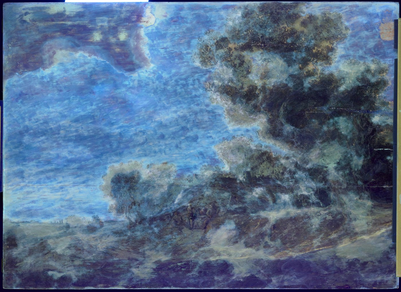 A painting with a landscape and sky that fluoresces light blue in large parts.
