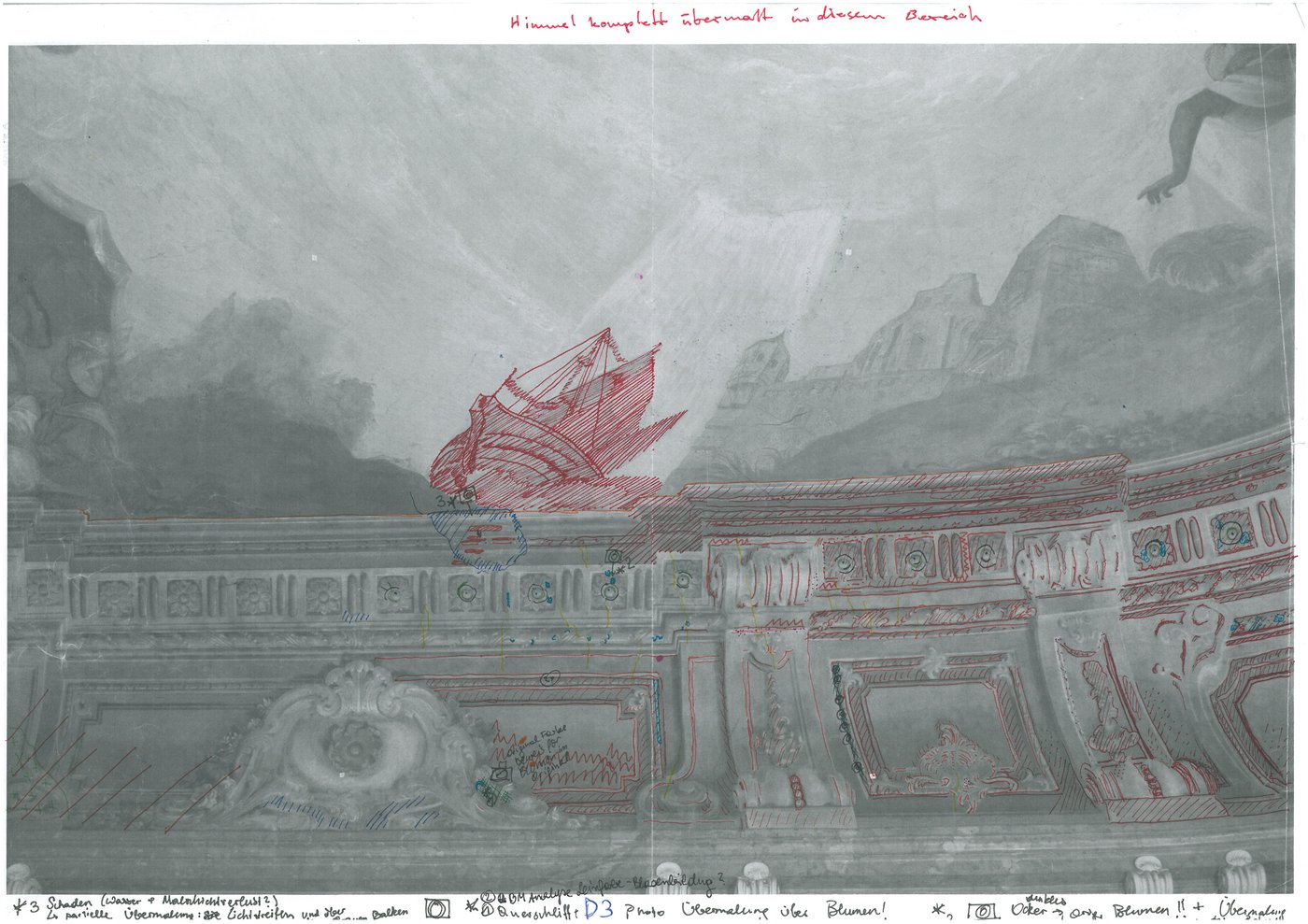 
   Mapping a ceiling painting. Mapping/photo:
   
   Institute for Conservation and Restoration, section for
   
   mural paintings / architectural surfaces.
  
