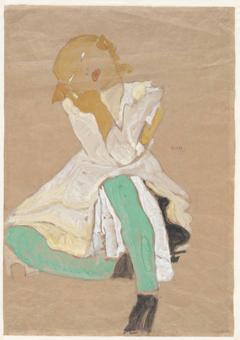 Painted figure with an orange head, a white top, turquoise trousers and black boots against a brown background.