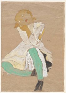 Painted figure with an orange head, a white top, turquoise trousers and black boots against a brown background.