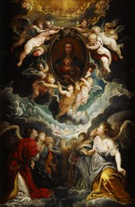 angels hold a painting of a madonna and many other angels adore the painting