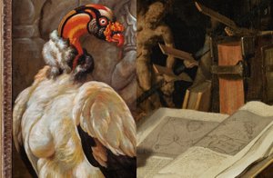 zwei Ausschnitte von Malereien eines Vogels und eines Buchs