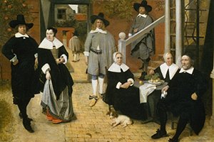 painting of a group of people in black and white and grey dresses and hats standing and sitting.