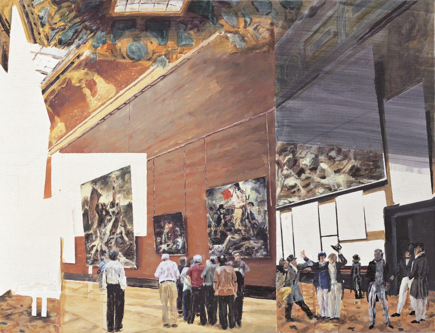 Groups of people in a museum in front of large paintings on the wall