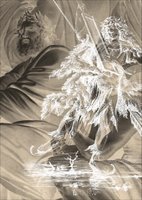 a figure in white on a figure in beige