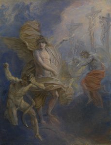 a painting with angels on a blue background