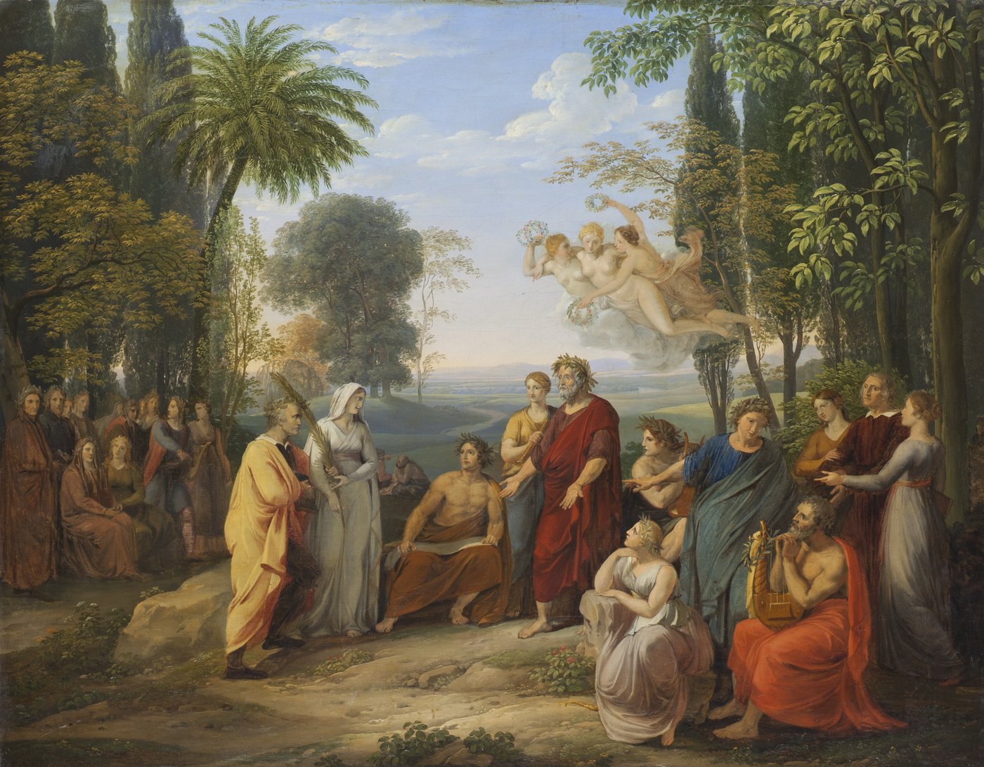 a colorful big group of people listening to music