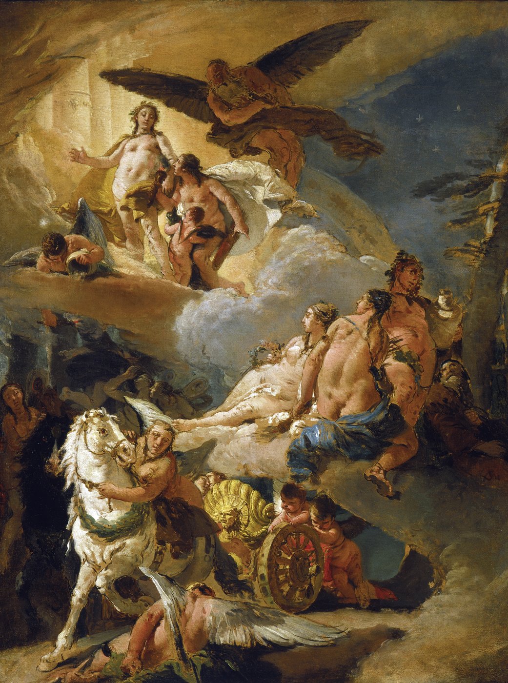 A horse with carriage and angels