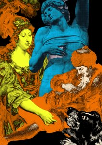 a collage of three figures of historic paintings in yellow, orange and a bluish color