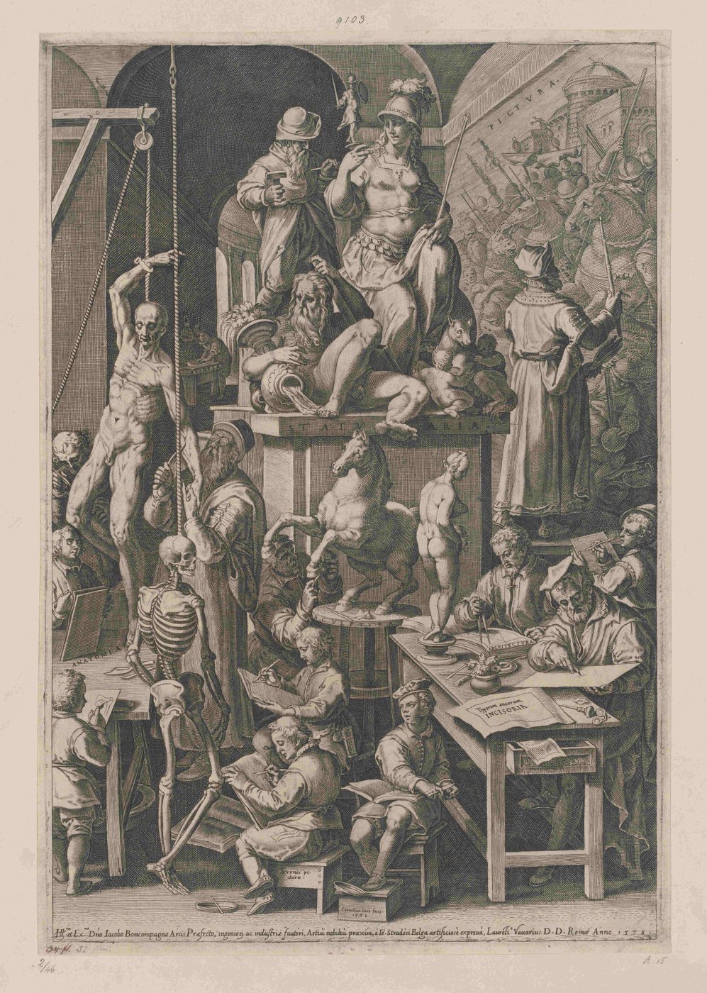 Historical depiction of an art academy with numerous figures drawing, sculpting and studying sculptures and anatomical models.