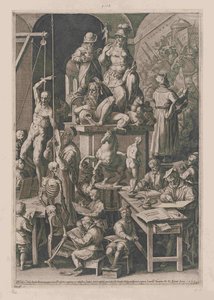 Historical depiction of an art academy with numerous figures drawing, sculpting and studying sculptures and anatomical models.