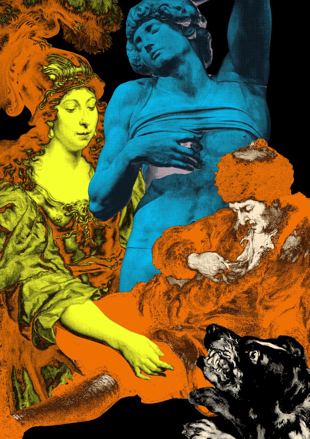 a collage of three figures of historic paintings in yellow, orange and a bluish color