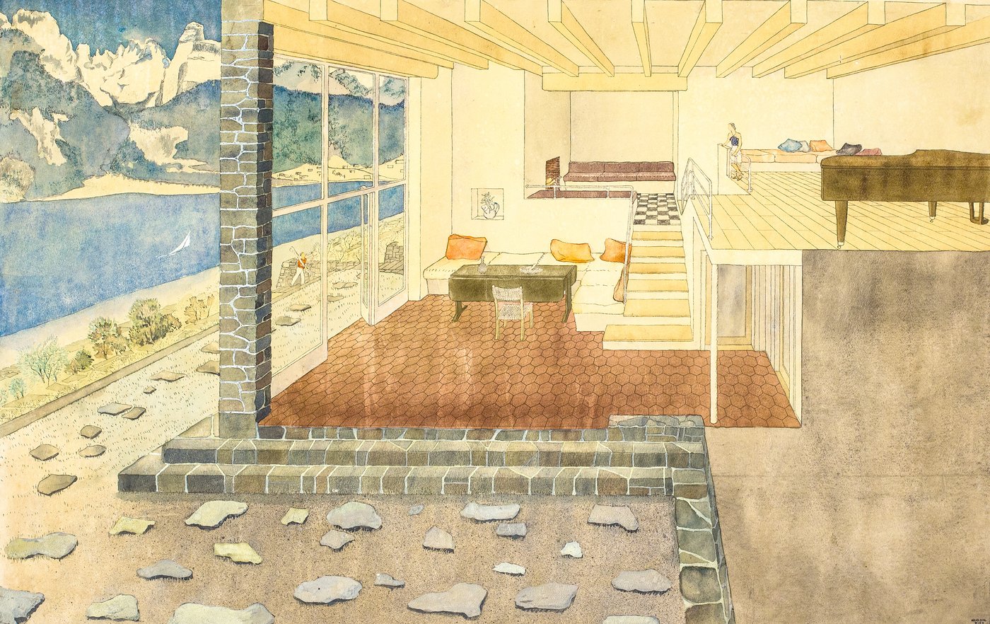 A coloured watercolour drawing giving a cross-sectional view of a residential house. On the ground floor, a brown fold-out table with a white chair and a beige corner bench with orange cushions can be seen. To the right, a staircase leads to the next floor with reddish seating. Further to the right, another plateau leads to another seating area with coloured cushions, and in the foreground is a brown piano. To the left of the house there is a view of a lake with mountains in the background.