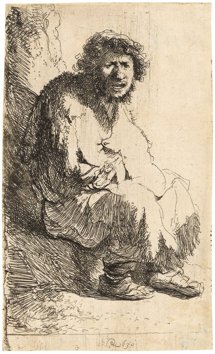 An etching, showing a man. He is sitting on an unrecognisable ground, his posture slightly bent forward. He wears simple, loose clothing and a simple headdress on his dishevelled hair. His body is seen obliquely from the right side, but his face and gaze are turned towards us. His mouth is slightly open, his facial expression seems tense. The etching is done in rough lines and hatching.
