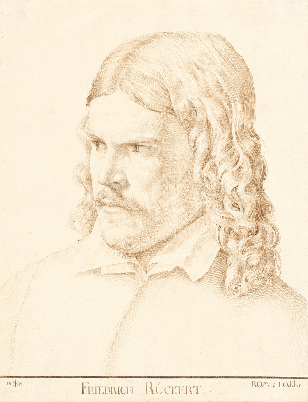 A drawn portrait depicting a young gentleman from head to chest. He wears shoulder-length hair curled to the ends in a severe centre parting, as well as a fine moustache. His face can be seen diagonally from his left side. The serious and sceptical gaze is directed to the right. The name "Friedrich Rückert" is written centrally at the lower edge of the picture. To the left of it near the corner of the picture it says "1818", to the right of the name there is written "Rome, on 1 October".