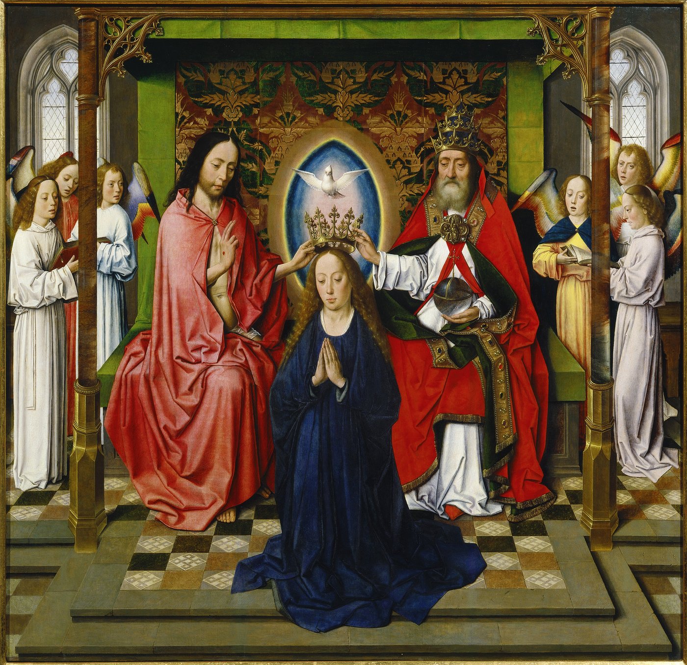 A historical painting, depiction of the coronation of Mary, a woman with long hair kneels under a canopy above her the crown and white dove, to the left and right of her a priest and Jesus with gesture of blessing, in the background angelic figures singing in the choir.