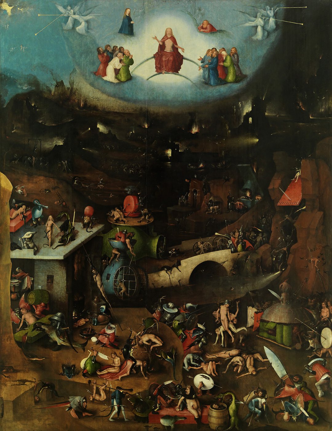 A historical painting, at the upper edge of the picture blue sky and several persons worshipping a man in the center, he is surrounded by angels with trumpets, below a dark scene of a burning village with human-animal-mixed creatures, which are partly spiked, mangled and quartered.