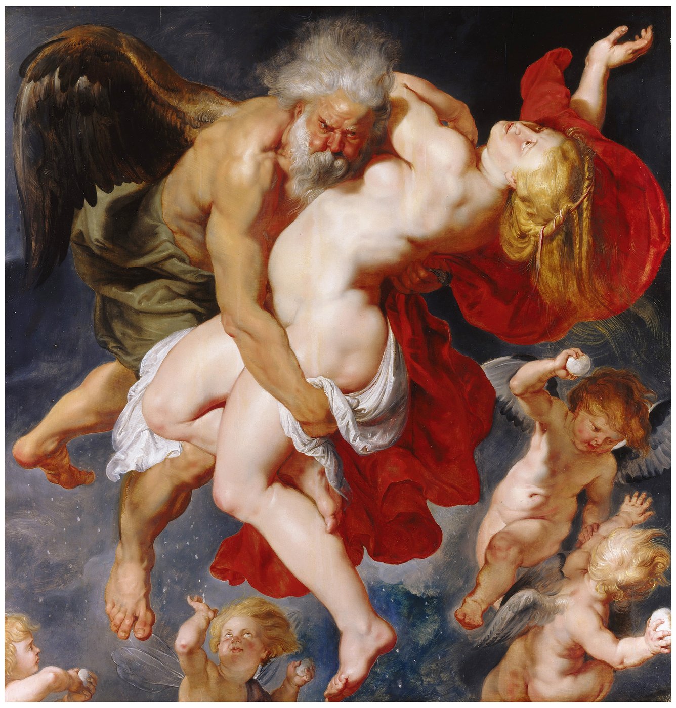 A historical painting of a woman being carried away by a bearded man with wings. Her red and white clothes are torn from her body because she is trying to escape from him, so that she can be seen naked. Below them hover putti and follow the scene.