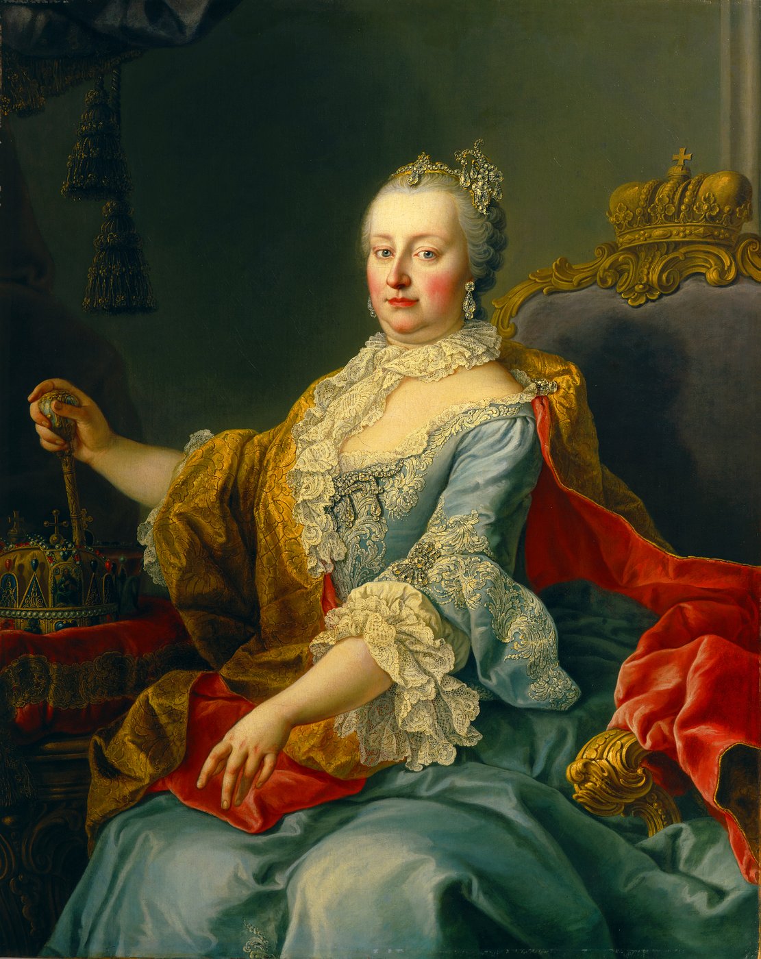 A historical painting of an empress dressed in light blue baroque clothes with a golden cape sitting on a padded chair. She wears a tiara on her head. To her right is the gilded imperial crown on a padded pedestal and in her right hand she holds a staff with a round handle. Her gaze falls directly on the viewer