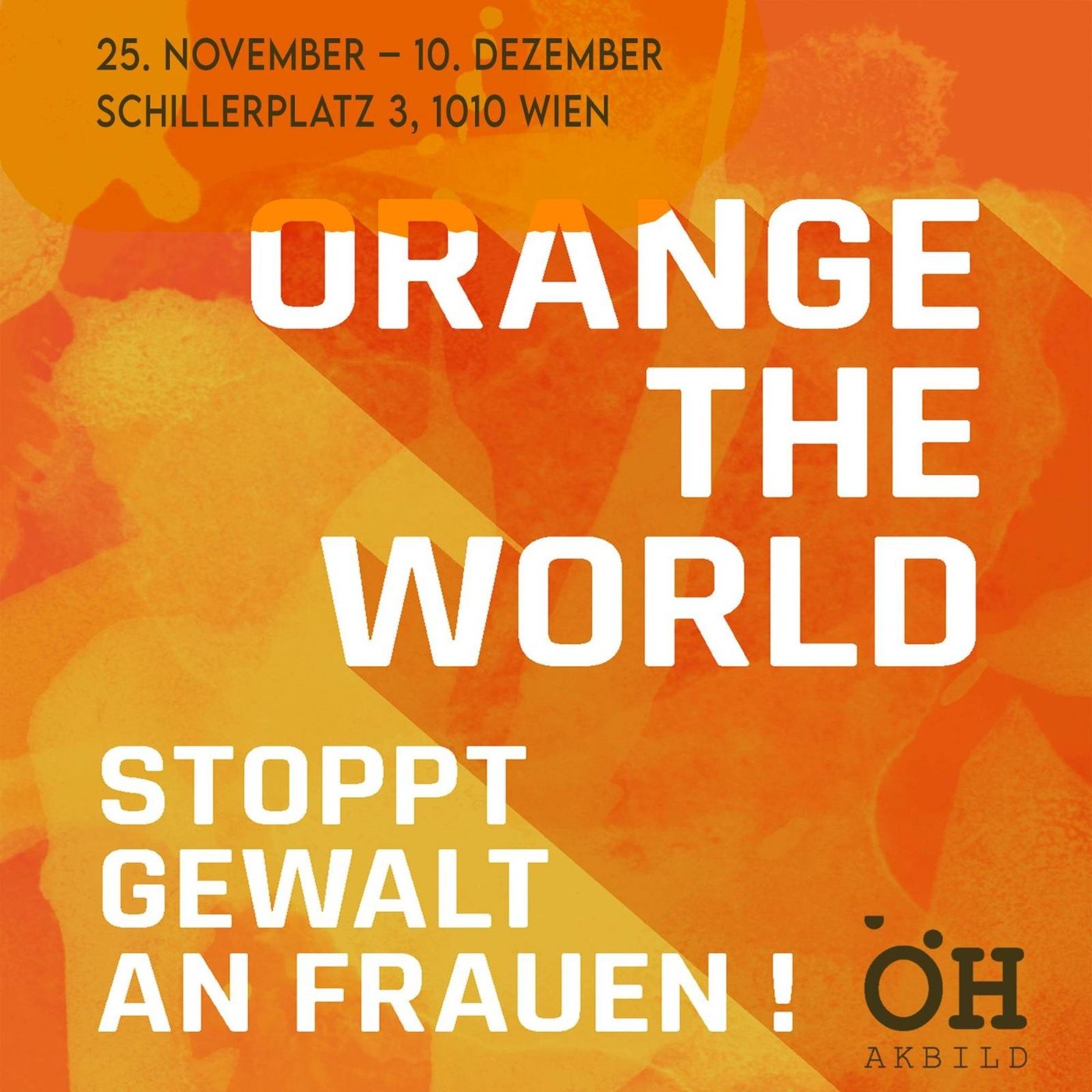 Orange the world - 16 days against violence against women is an annual international campaign that starts on November 25, the International Day for the Elimination of Violence against Women, and ends on December 10, Human Rights Day. The Academy of Fine Arts is again in solidarity with the
  
   Orange the World
  
  campaign in 2021 and will illuminate the building at Schillerplatz during this period.