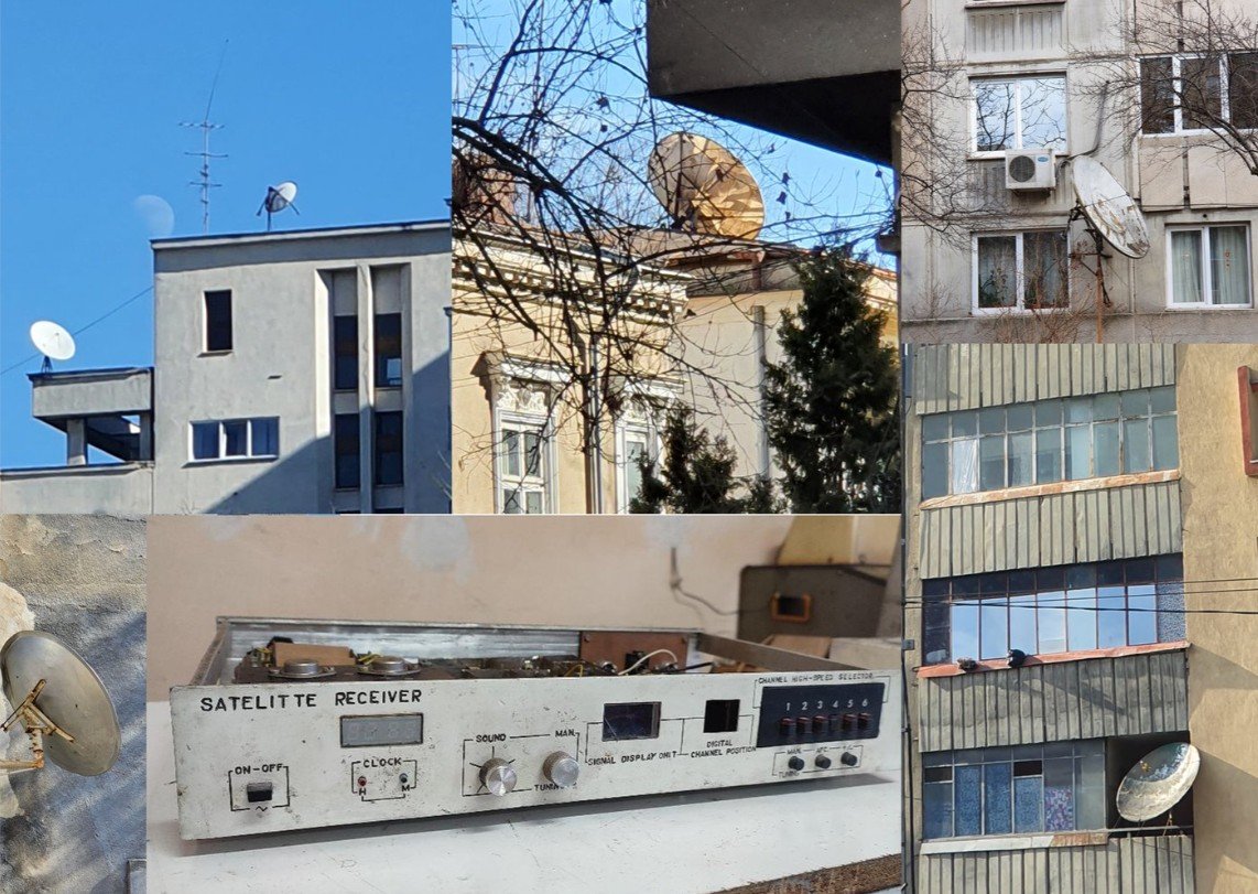 Collage by Alexandra Tatar: five photographs made by the author of handmade satellite dishes observed on buildings in Cluj and Bucharest, Romania, collaged with a handmade SAT receiver photograph received from Popa Vasile, Aiud, Romania.