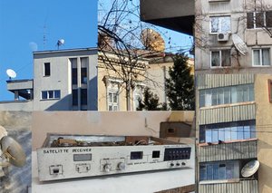 Collage by Alexandra Tatar: five photographs made by the author of handmade satellite dishes observed on buildings in Cluj and Bucharest, Romania, collaged with a handmade SAT receiver photograph received from Popa Vasile, Aiud, Romania.