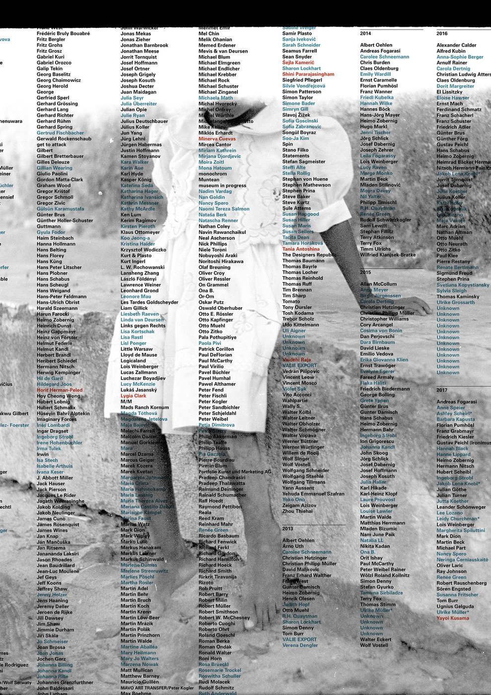 The image overlays the lists of artists whose works entered mumok's collection between 1998 and 2018 onto a portrait of a young girl from San Basilio de Palenque, Colombia. The girl's face remains unrecorded: the photograph was made at the very end of the film roll, where the photosensitive emulsion had already been exhausted.
