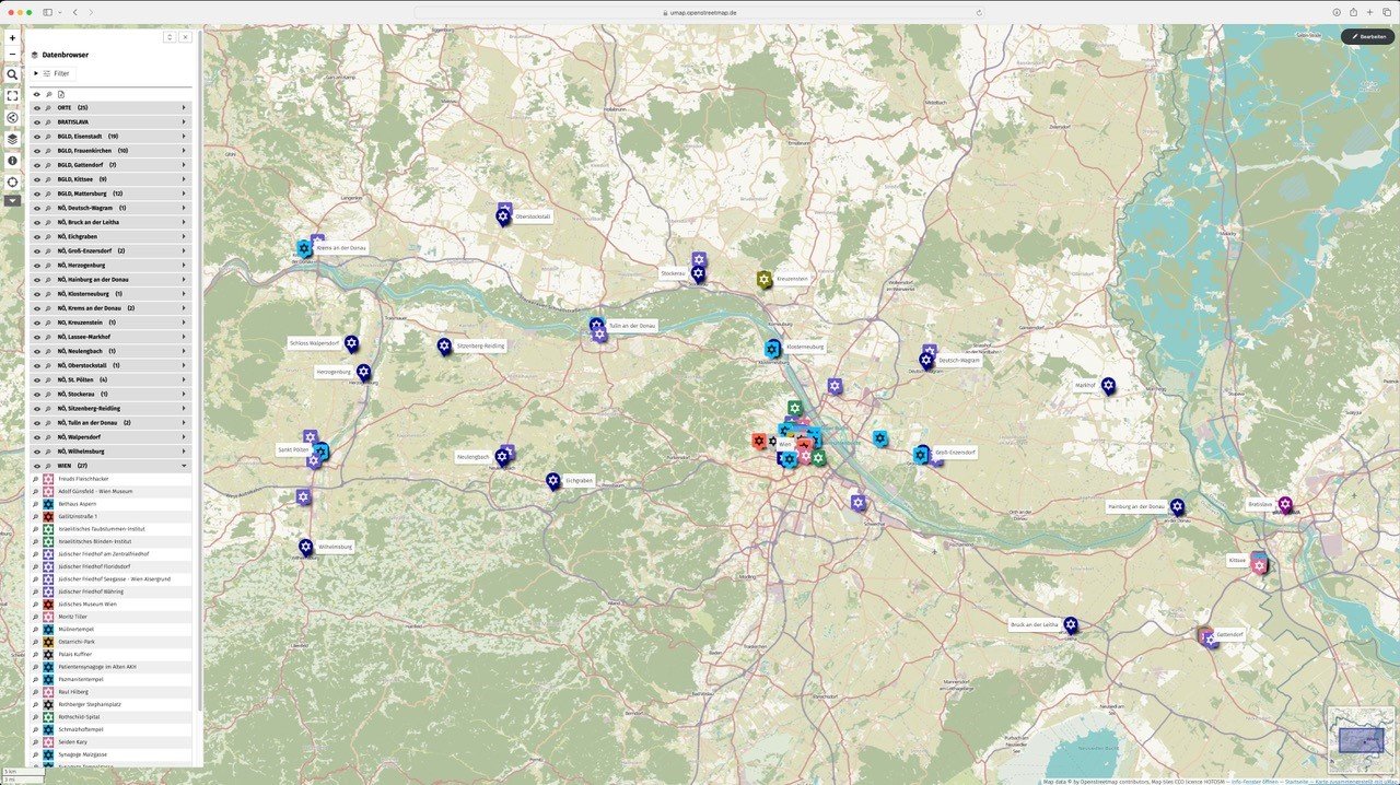 A screenshot of a map showing Vienna, Lower Austria, Burgenland and Bratislava. On the map, there are points of interest for Jewish Heritage. To the left of the image, there is a legend with a list of places and categories.