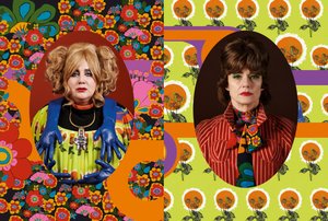 Portraits of two people in colorful clothes with strong make up. The person on the left of the picture has blonde wavy hair, the person on the right has short up-do brown hair. The photograph in an oval cutout is framed by colorful floral patterns in the style of the 60s.