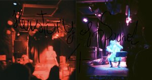 Collage of two sound happening scenes of female read persons in a dark room; on the left, immersed in red light, a person performs standing on the stage, in the foreground shadowy heads of spectators are visible; on the right, immersed in blue light, a person sitting on a stool plays the cello. Above the collage, barely recognizable, is handwritten in black: Herstory of Sound 4.