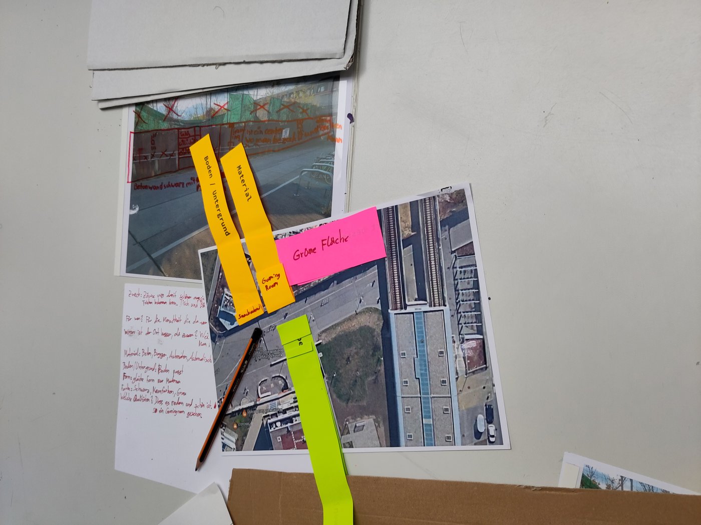 Process image: working materials; photo with drawing on it; aerial view of the area in discussion; colorful, labeled post-its;