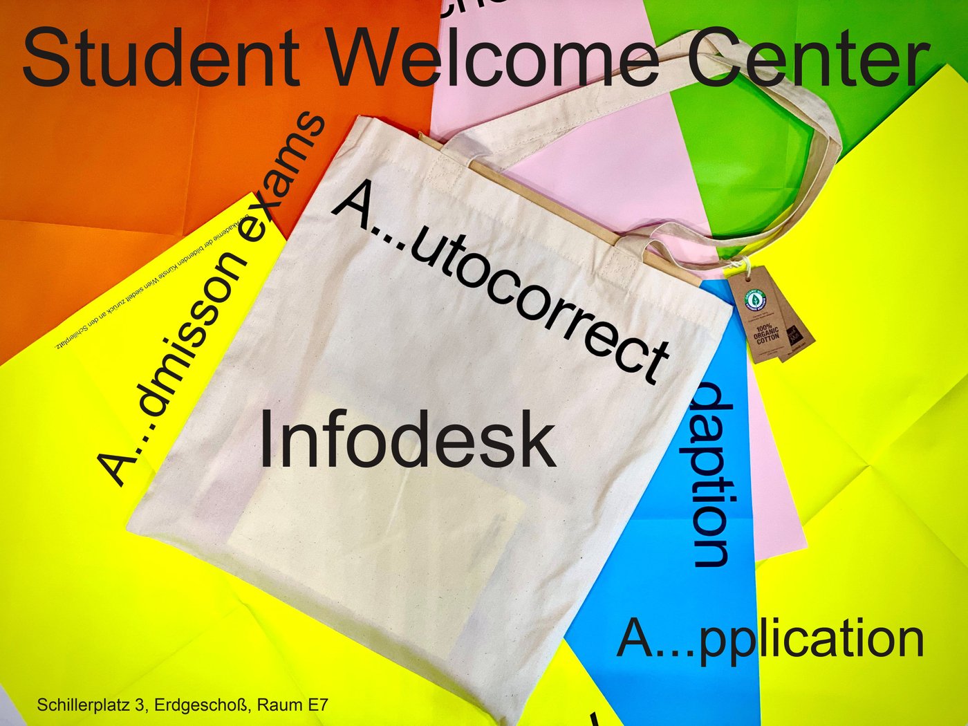 decorative picture with different colours, key words: info desk, application, admission exams