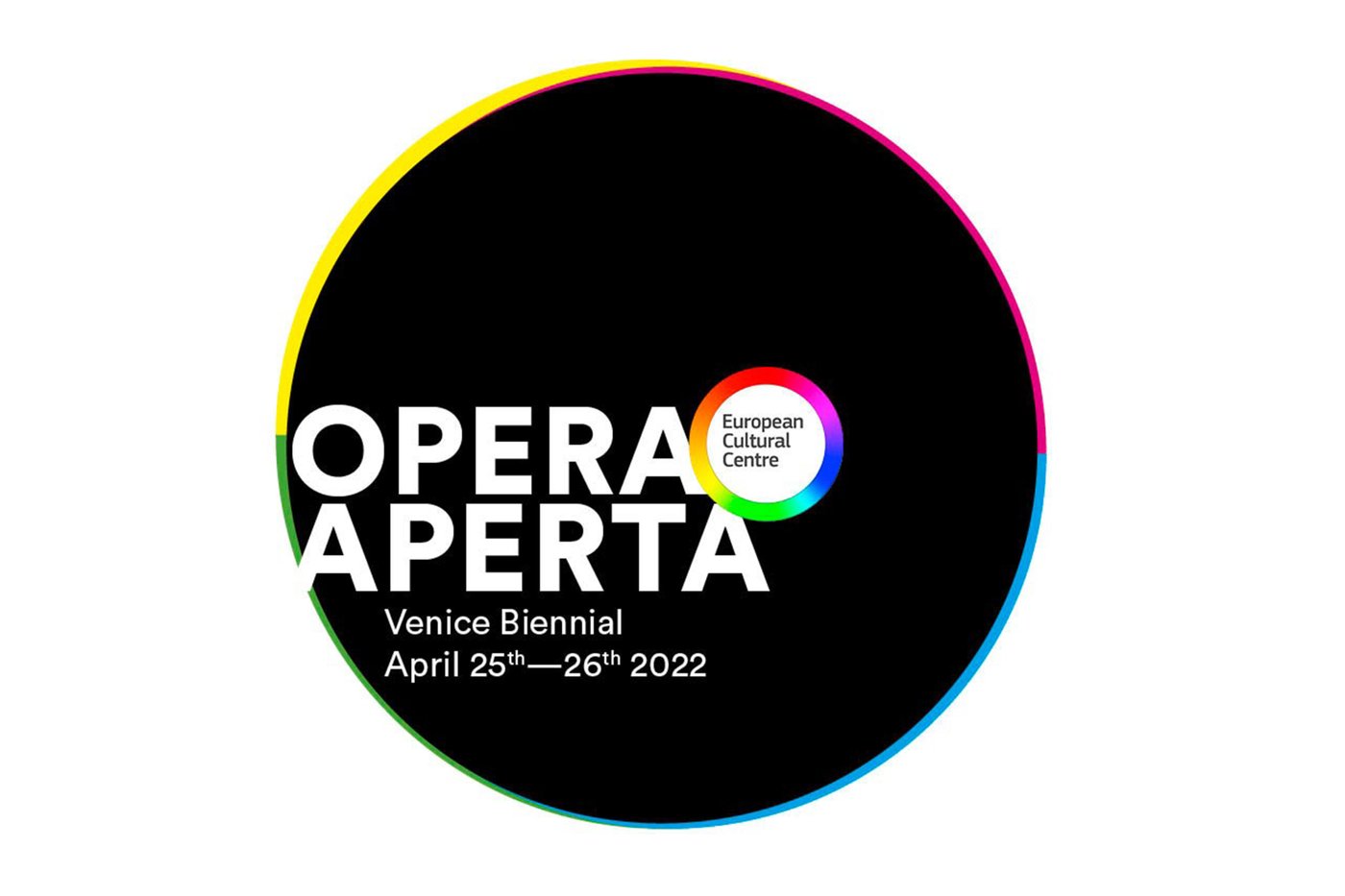 Logo of the event "opera aperta", black circle with white writing, bordered with colorful lines