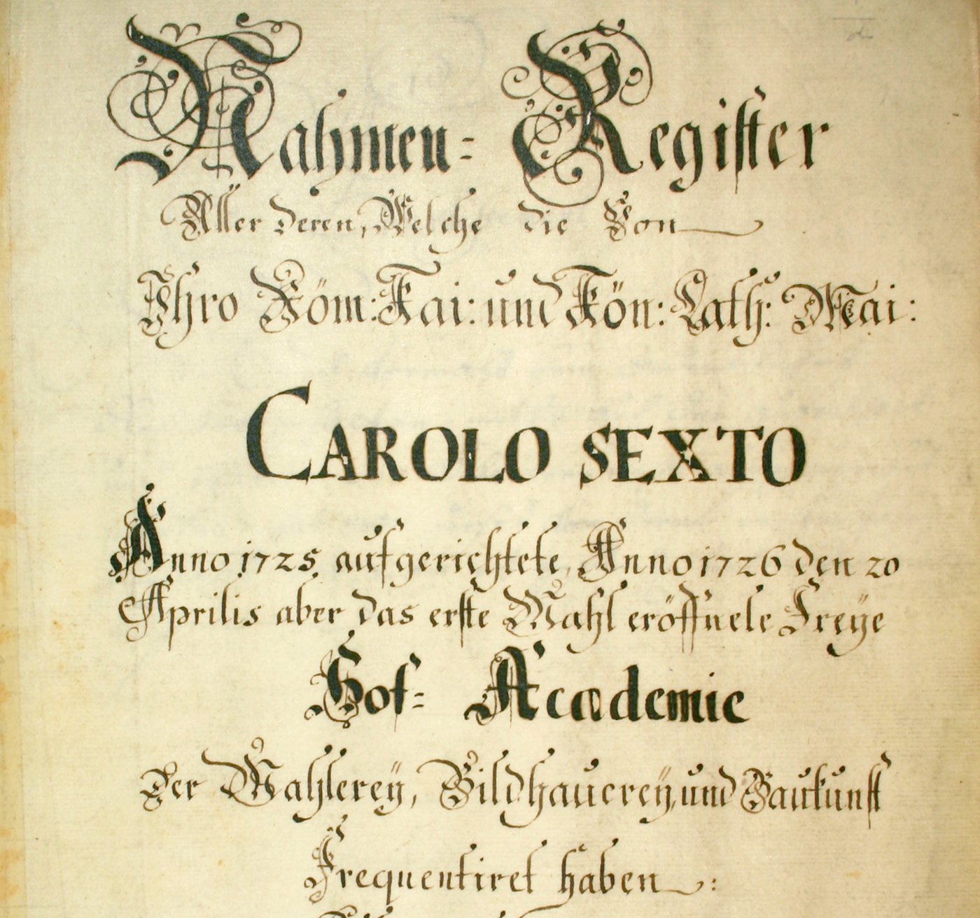 Detail of the first page of the matriculation book, black ink on yellowish paper in ornate script.