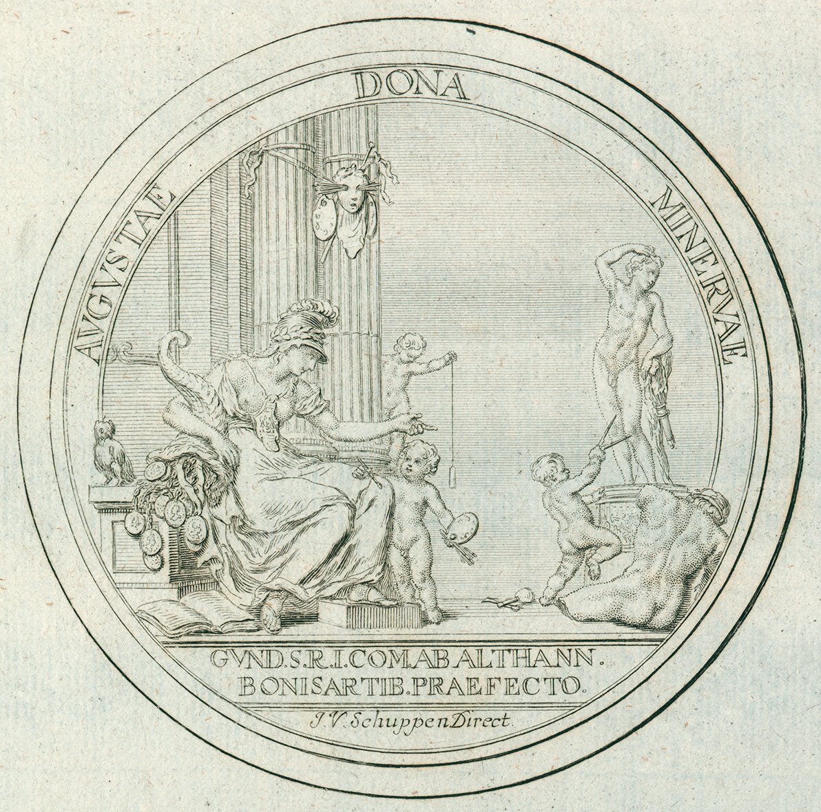 Fine ink drawing of a circular medal depicting the goddess Minerva and allegorical figures of the arts and inscription in Latin, black ink on white paper.