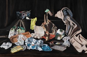 An ornate still life showing packages of foods from a shopping list, including plastic, foil, net, egg carton