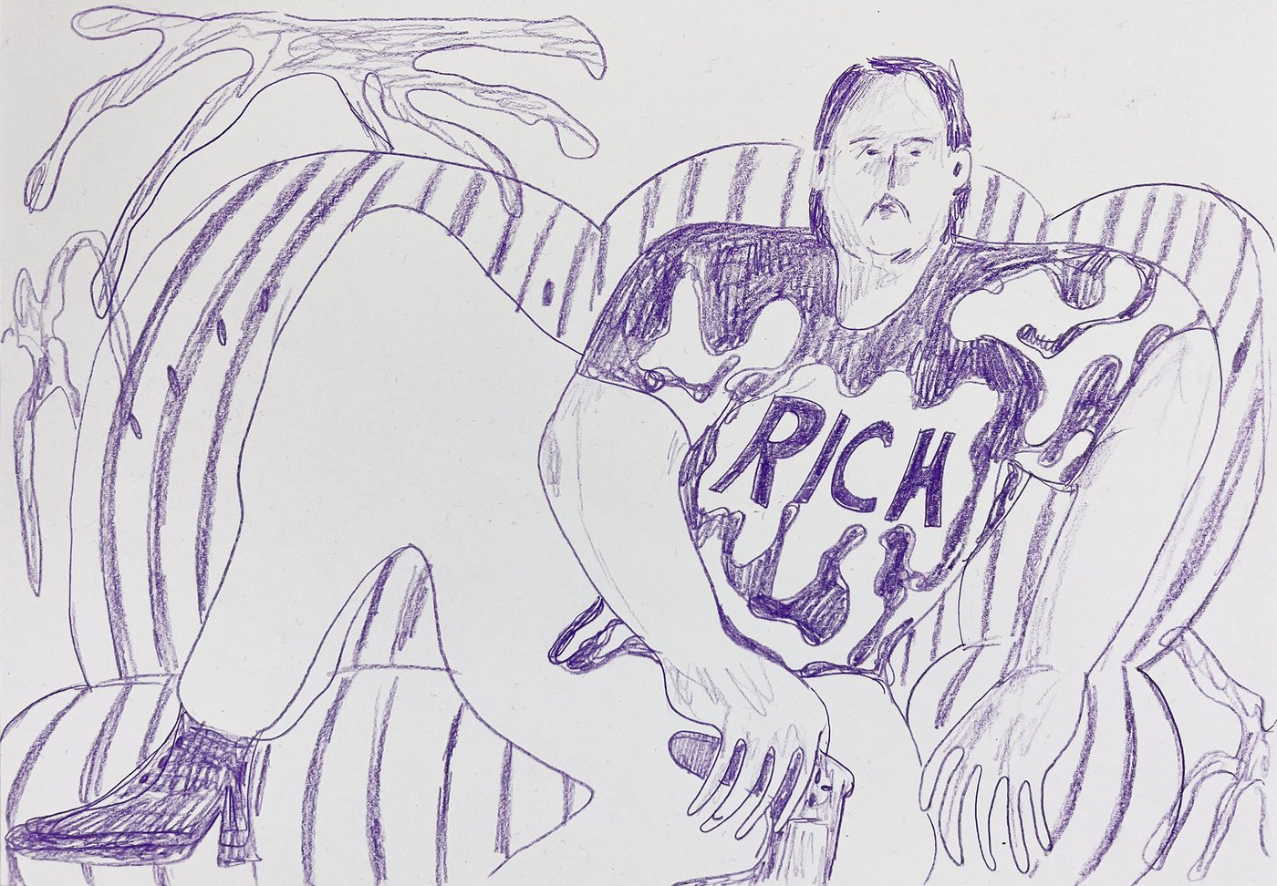 The landscape-format color-pencil drawing shows a man lying on a comfortable sofa. He is holding a computer gaming console in his right hand, while propping himself up with his left. His gaze is focused on a point slightly right of the viewer. He wears a T shirt that has “rich” written on it. A potted plant is discernible in the background.