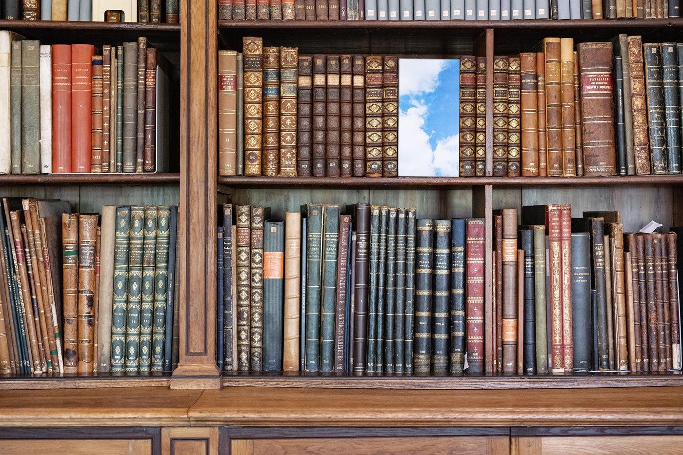 The color photograph in landscape format shows a section of a bookshelf with historical holdings, designed by Theophil von Hansen for the reading room of the Academy Library. Some books have been removed, and their place between the spines is taken by a portrait-format color photograph with a cloudy sky.