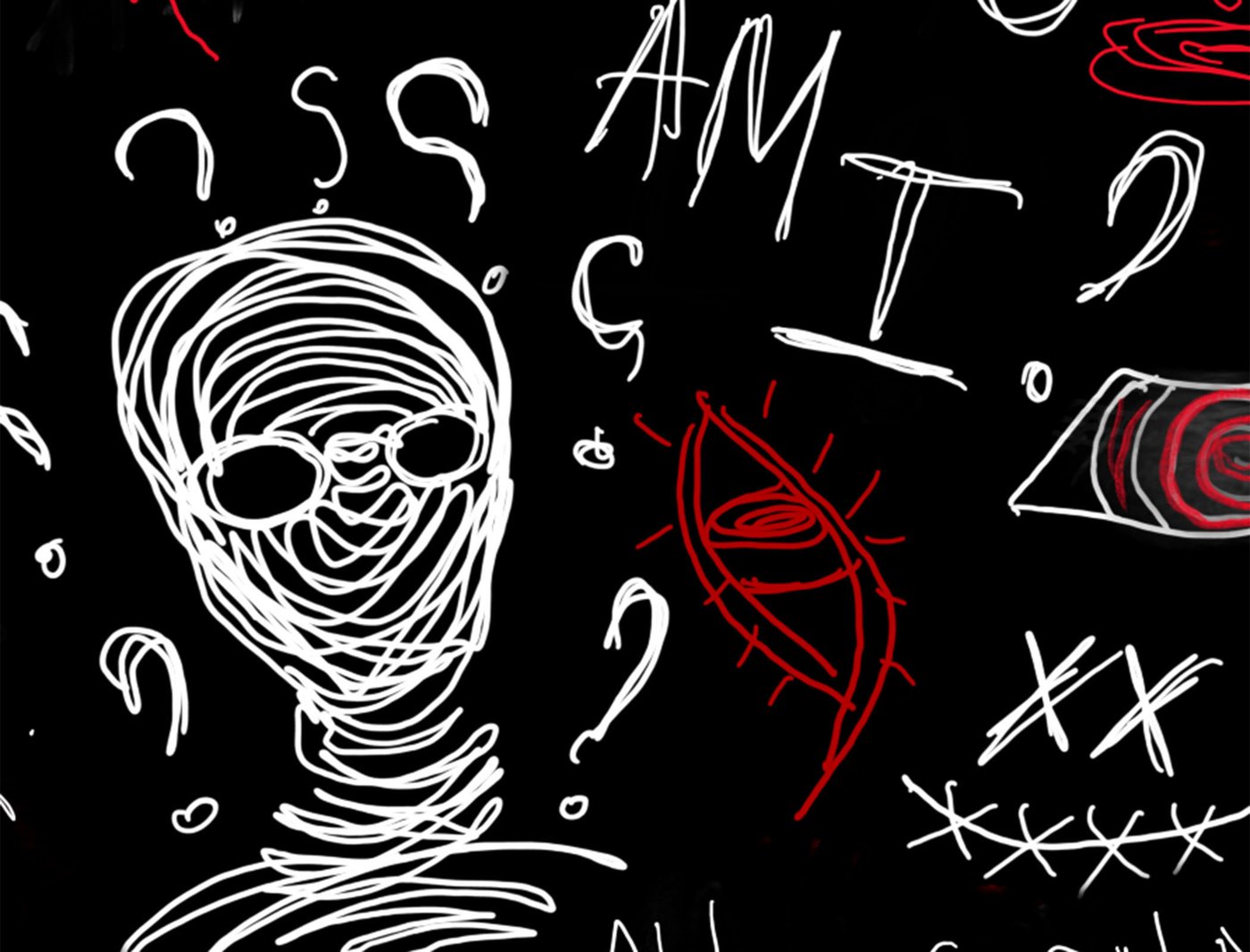 On black background there are several different white and red scribbles. In the left part of the graphic there is a large human head surrounded with question marks, stylized eyes and other signs. You can also see the part of a saying: [Who] am I?