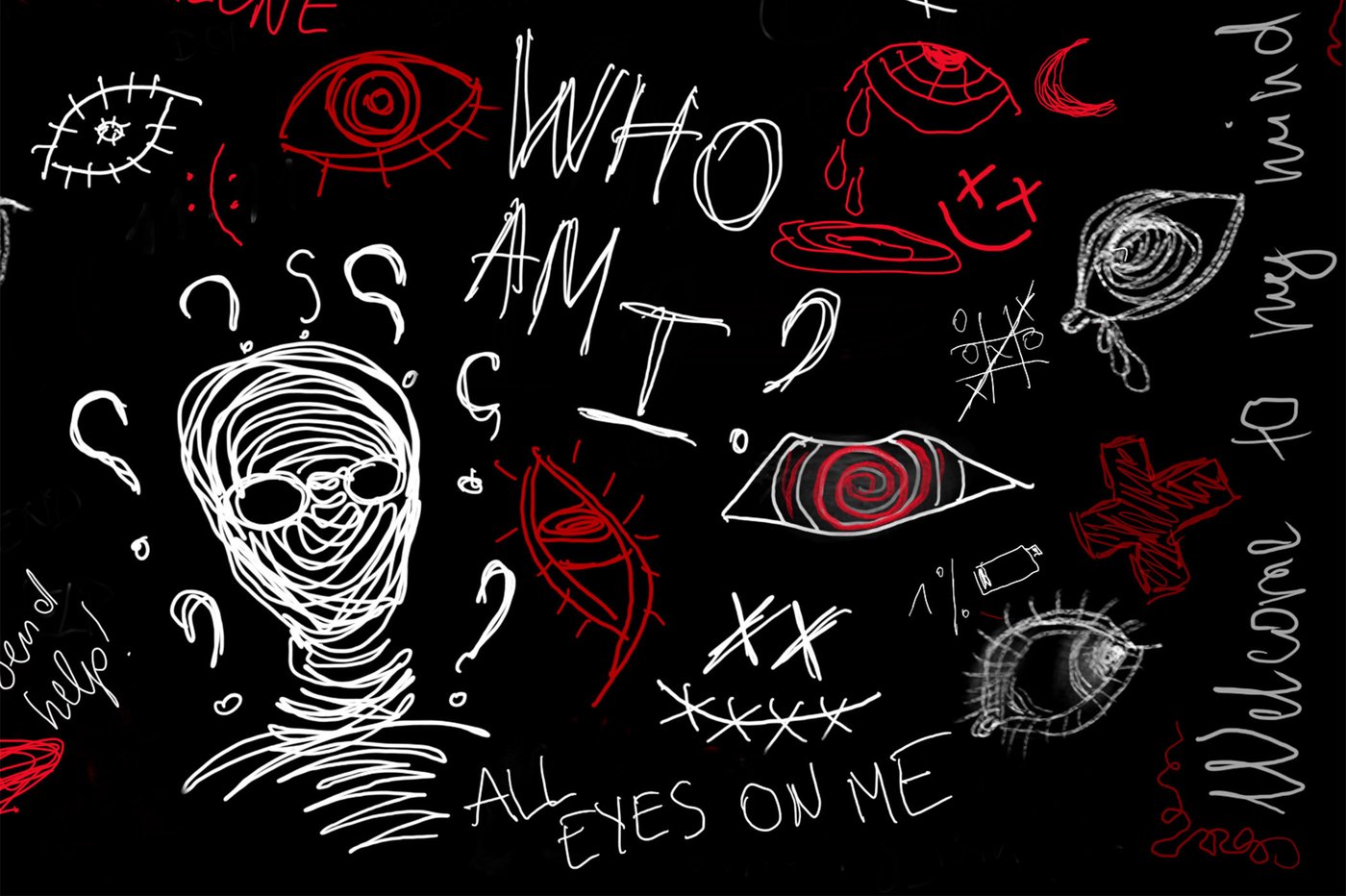 On black background there are several different white and red scribbles. In the lower left part of the graphic there is a human head surrounded with question marks, stylized eyes, and sayings (Who am I? All eyes on me). On the right edge of the image is written vertically "Welcome to my mind".