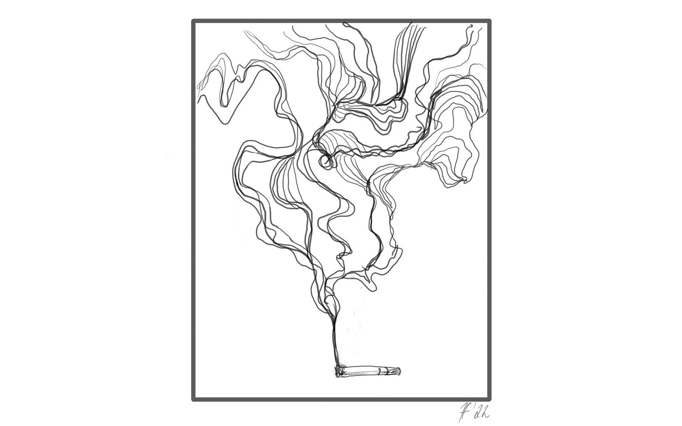 Black and white graphic. On white background there is a black rectangular and portrait frame. In it at the bottom edge is a lit cigarette. Black smoke rises from it and forms squiggly patterns.