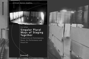 Black and white photomontage in landscape format with the cover of the book "Singular Plural Ways of Staging Together" by Iris Julian on the left. The photo of a stage with four people is integrated into the upper part of the cover, with the author, title and publisher's details below. The cover is embedded in a photograph of the rehearsal of the play "Reportable Portraits" (2007), initiated by Deufert &amp; Plischke (courtesy: Deufert &amp; Plischke). On the left are the first rows of chairs in the auditorium, on the right the stage set consisting of movable walls.