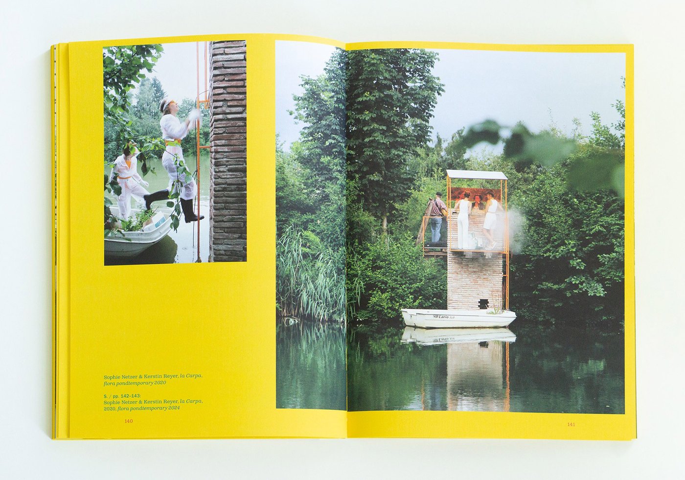 The color photograph in landscape format shows pages 140 and 141 of the catalog “Kulturdrogerie” (2025). The two photos, set against a yellow background, document the sculptural work by Sophie Netzer and Kerstin Reyer, which the two artists created in 2020 in St. Florian in a monastery pond.